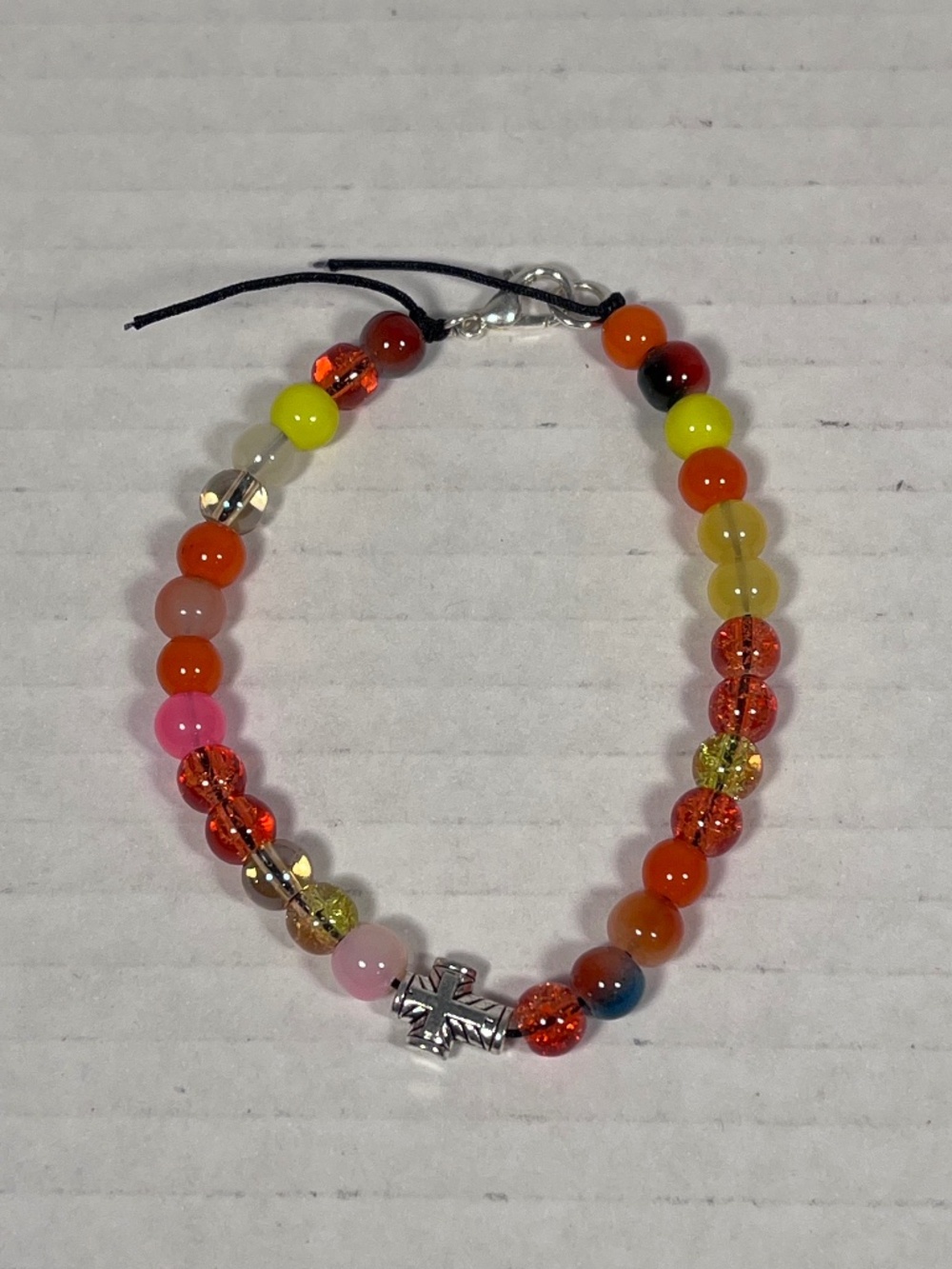 Mini Silver Cross Yellow/Orange Glass Bead Bracelet ~7.50 inches